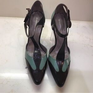 BCBGMaxAzria Brown and Jade T-Strap Pump